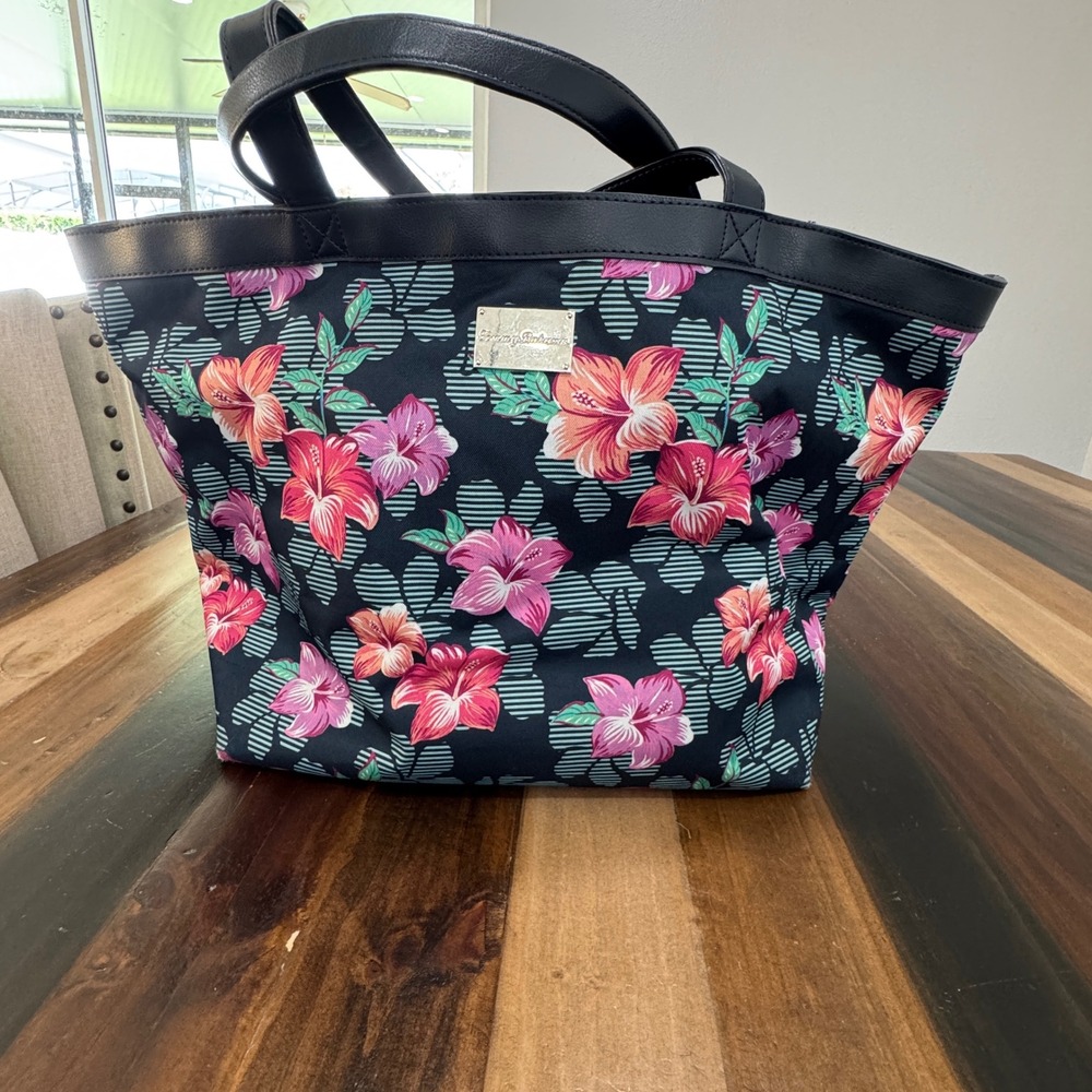 Tommy Bahama Tropical Hibiscus Floral Canvas Tote Bag Navy Blue Pink Large
